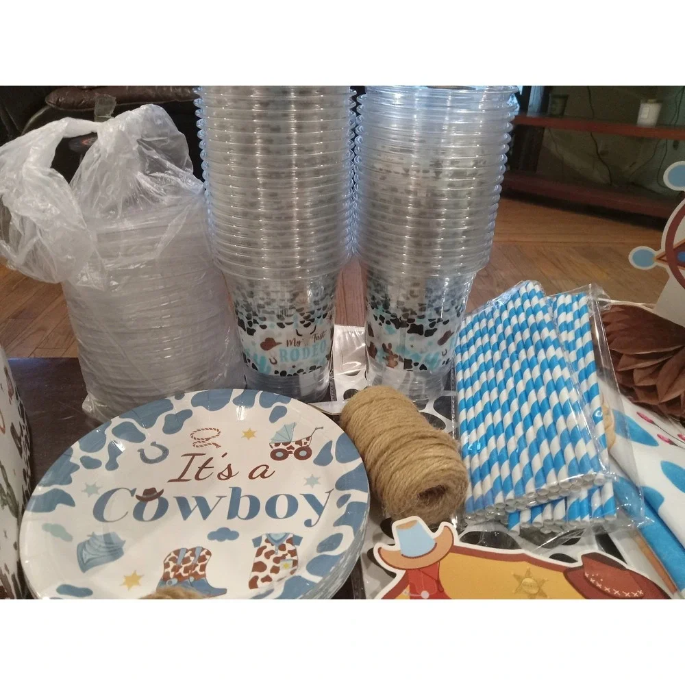 771 pc Cowboy Baby Shower Decorations Little Cowboy Raffle Box Banners Favors ++